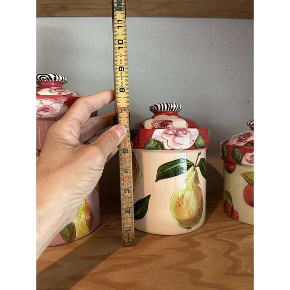 Droll Designs Set Of 4 Canister Fruit Apples Pears Plums Lemons Rose Lids Rare - Picture 9 of 16